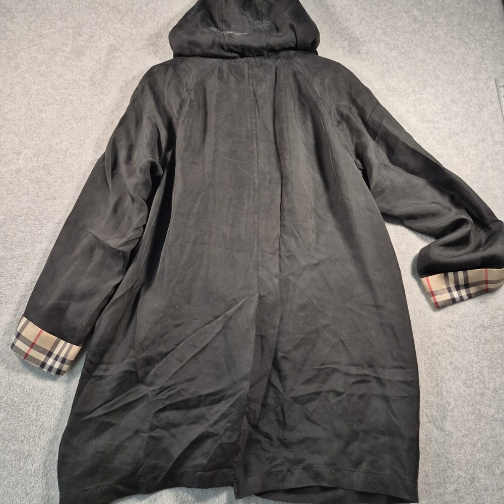 Burberry Silk Hooded Car Coat Jacket Nova Check Cuff Women's L Black Lightweight - Picture 8 of 9